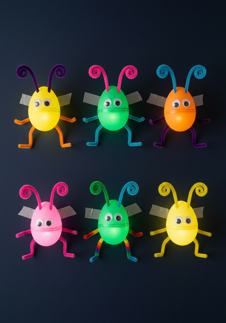 Six handmade light-up fireflies in various color combinations showing customization options for kids craft projects