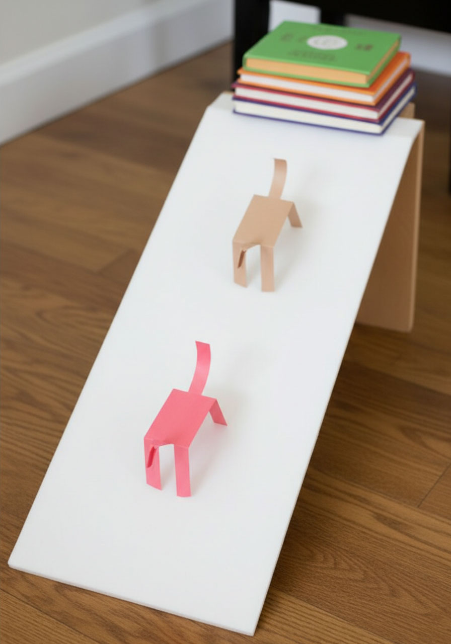 Two colorful walking paper horses in motion on a craft foam ramp demonstrating gravity-powered STEM project