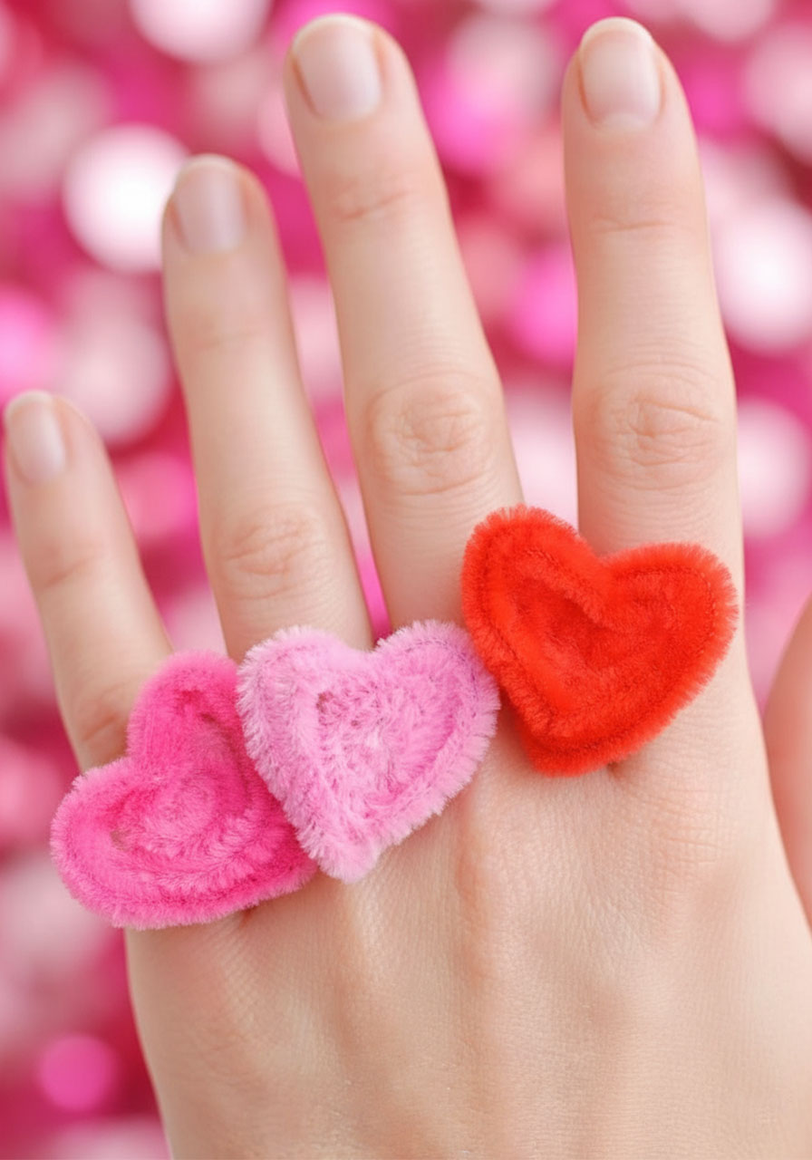Hand modeling three pipe cleaner heart rings in Valentine's colors as party craft keepsakes