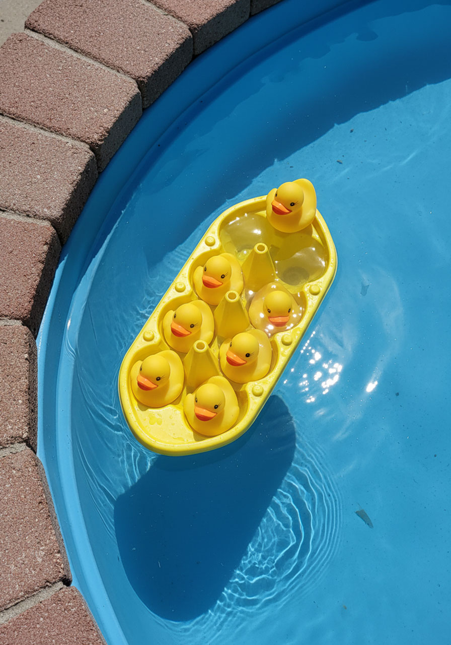 Egg carton boat loaded with seven rubber ducks during weight capacity challenge test in kiddie pool