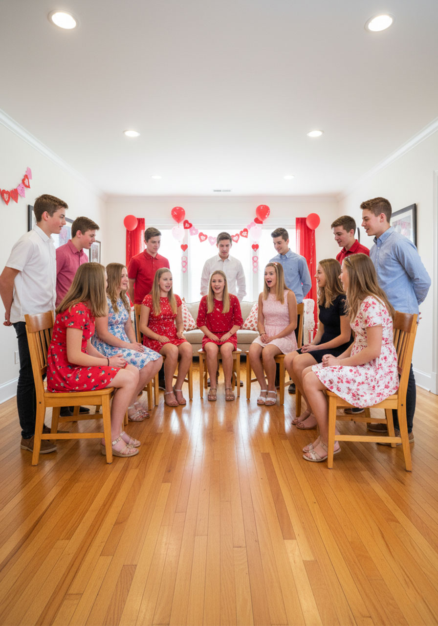 Teenagers playing Wink-Um Valentine game in circle formation with girls seated and boys standing behind chairs