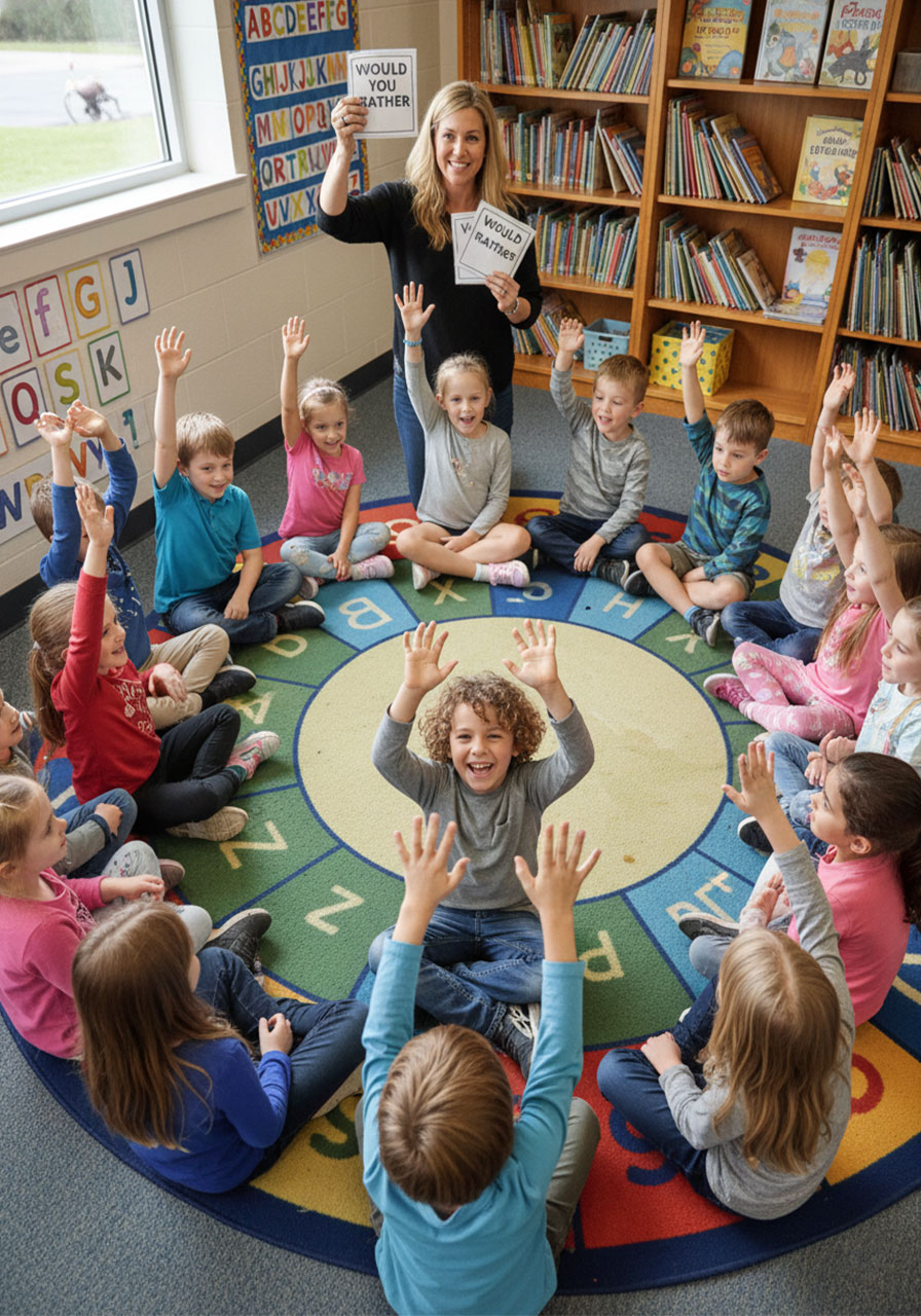 Elementary students playing Would You Rather game in classroom circle with hands raised making choices - easy party game for all ages