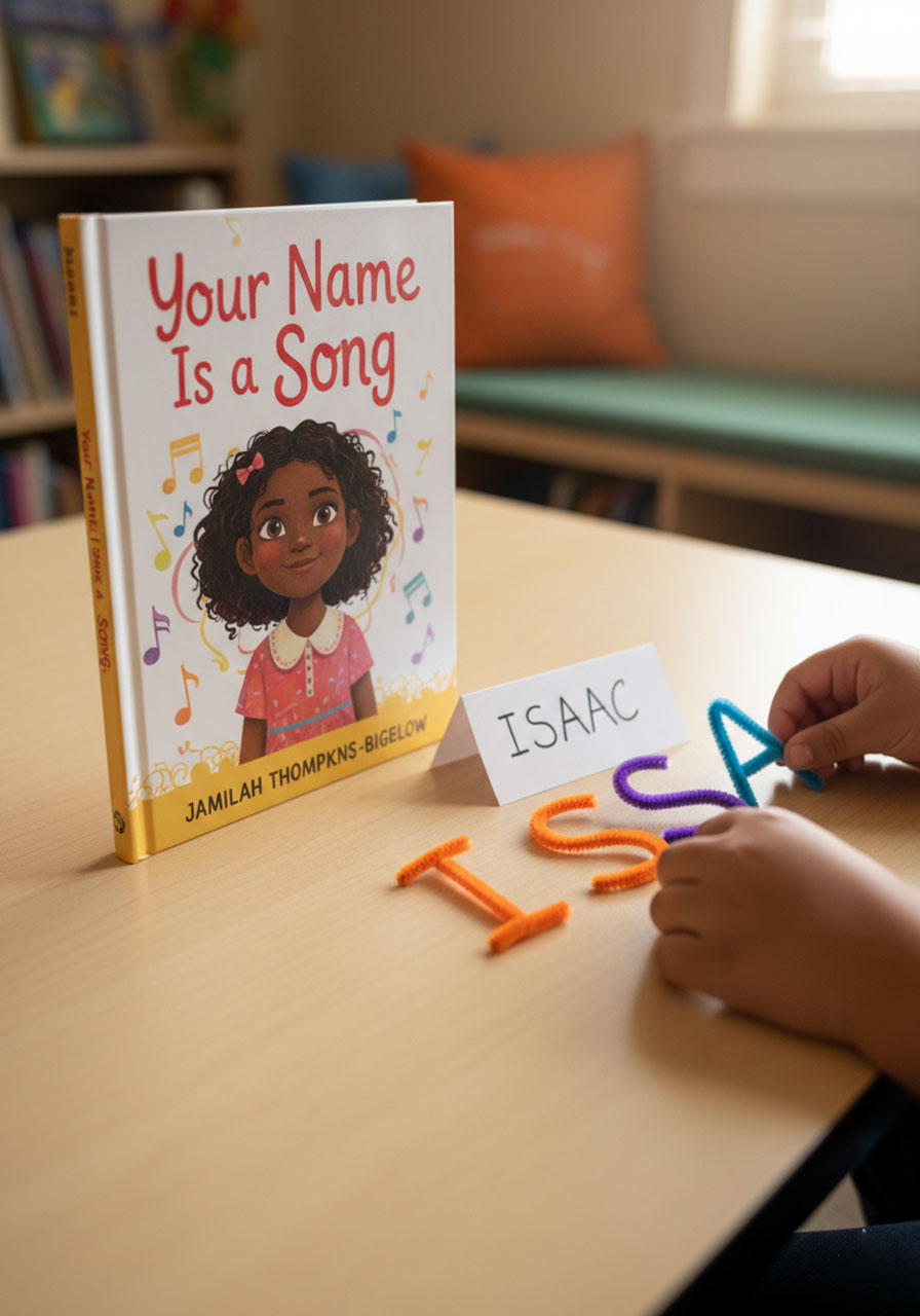 Your Name Is a Song children's book displayed next to hands-on name building STEM activity showing literacy and creativity connection