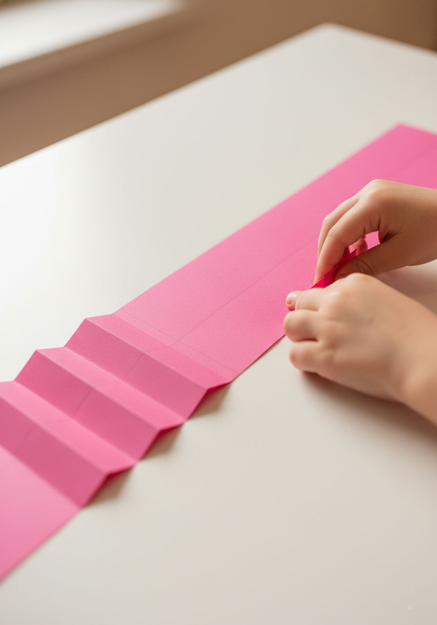 Child folding a pink construction paper strip accordion-style to create the hidden message center for a DIY Mother's Day handprint card