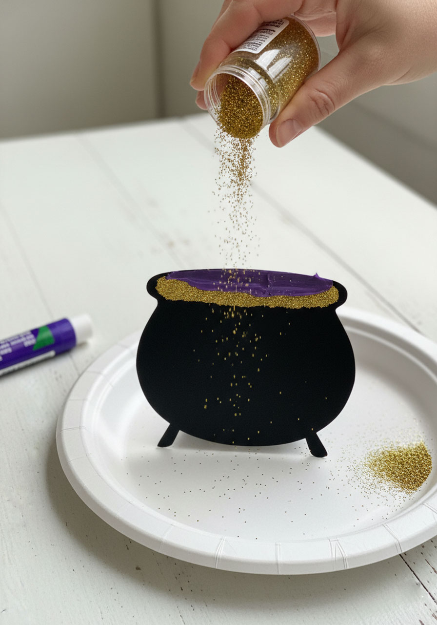 Hand sprinkling gold glitter onto glue-covered pot of gold for fingerprint rainbow craft