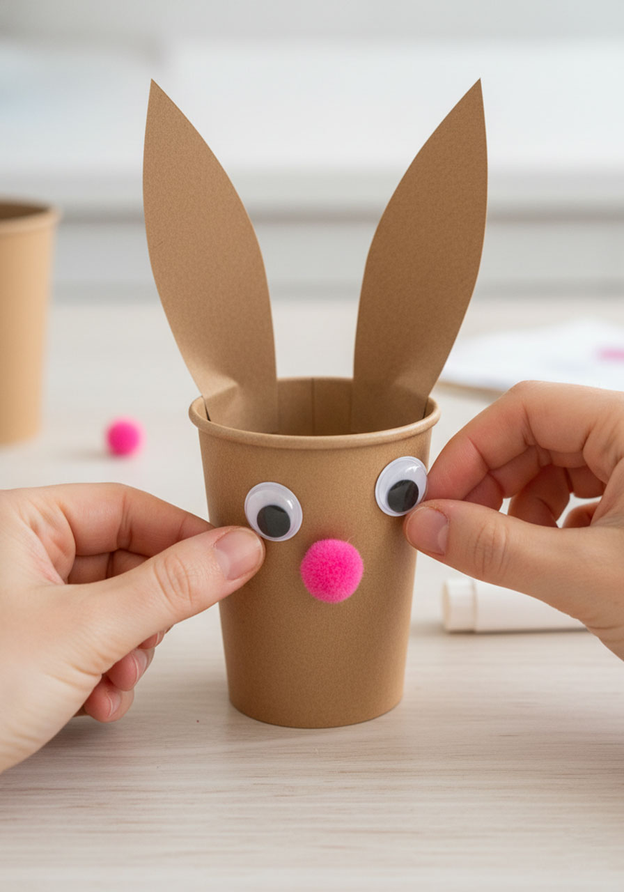 Tutorial showing how to add googly eyes and pink pom-pom nose to paper cup Easter bunny craft face
