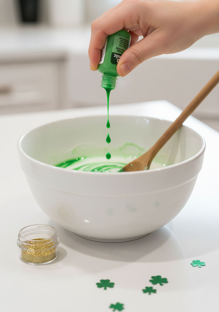 Adding bright green food coloring and gold glitter to slime mixture for St Patrick's Day theme