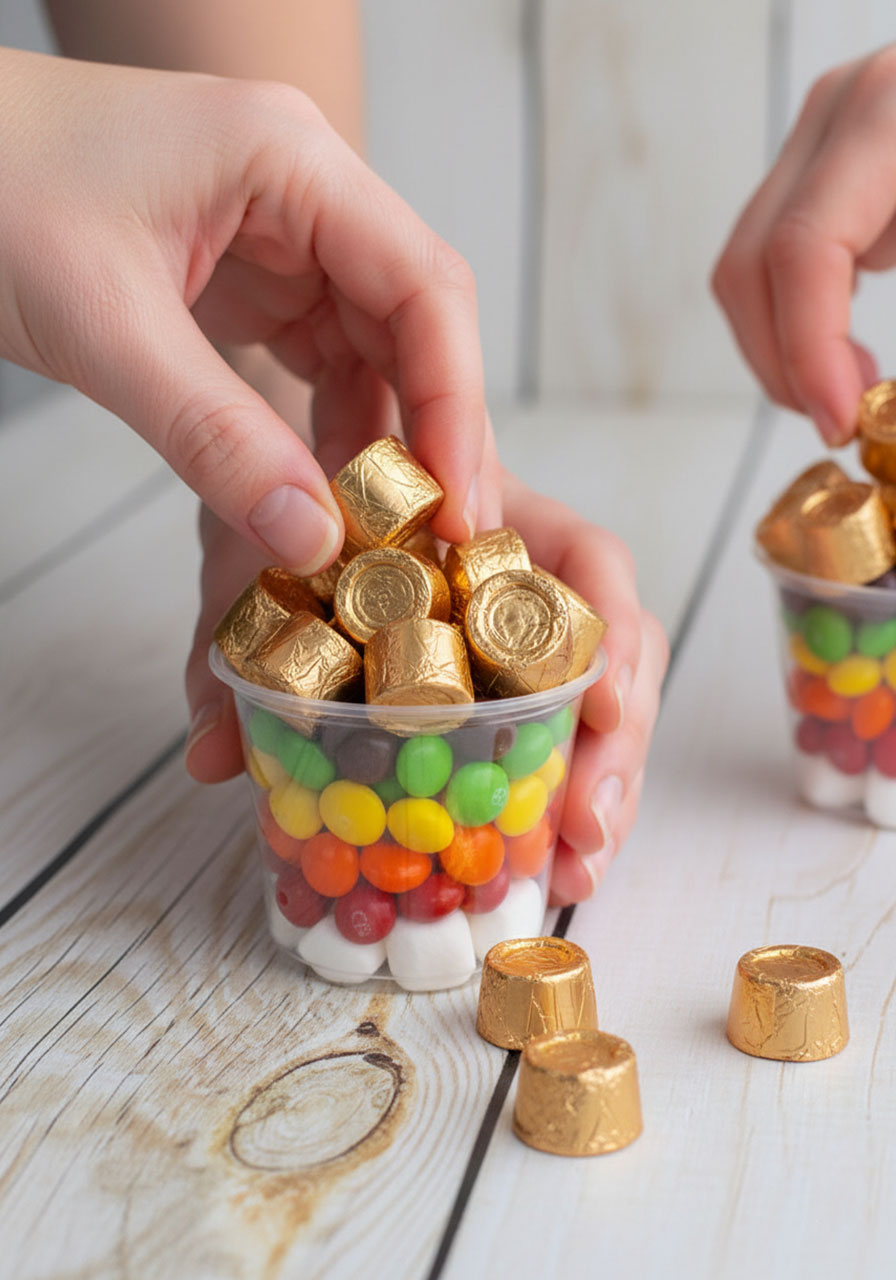 Adding gold-wrapped Rolo chocolates as pot of gold topping to rainbow Skittles snack cups