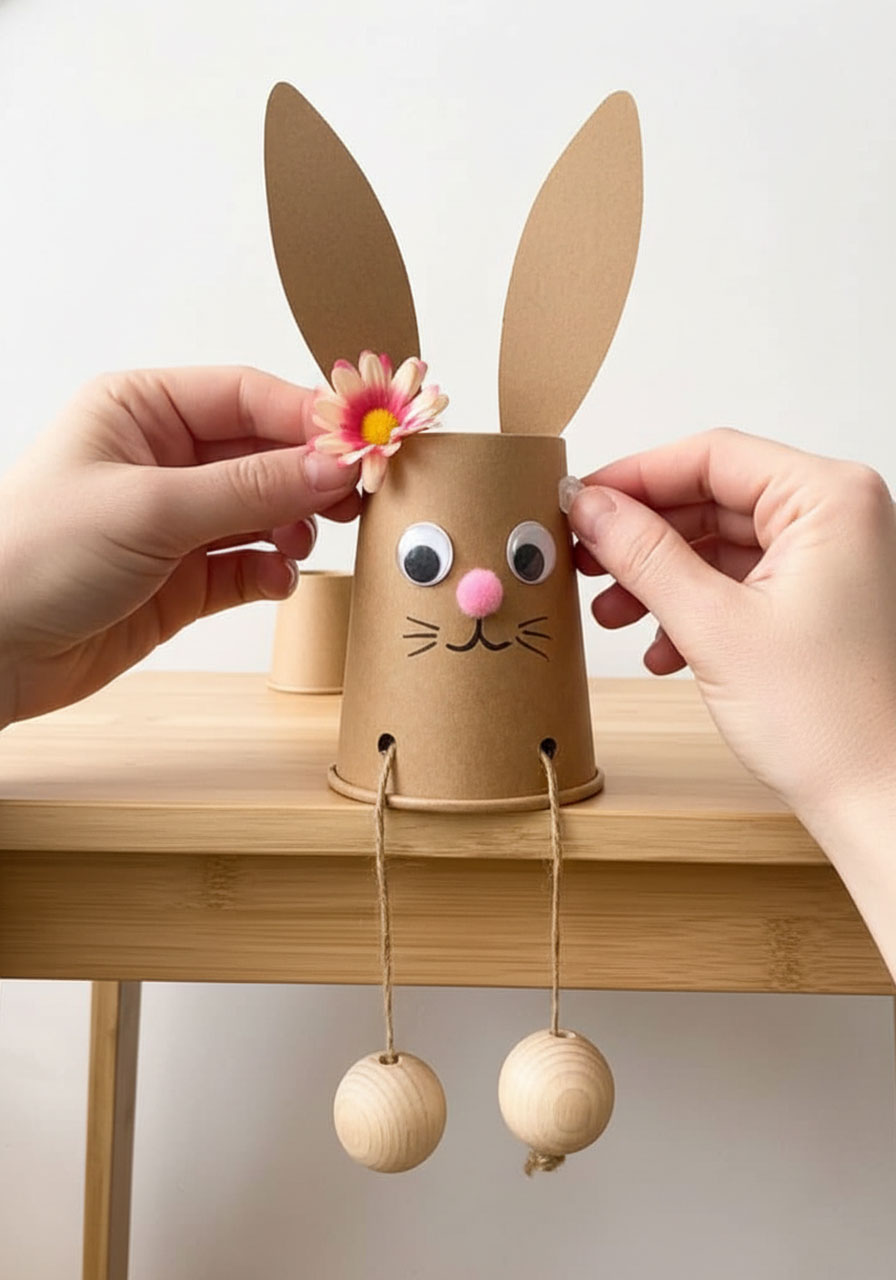 Final step adding decorative spring flower accessory to paper cup Easter bunny craft for extra charm
