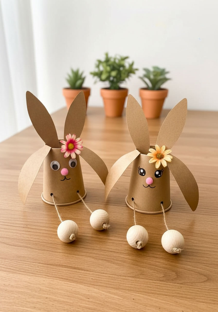Adorable paper cup bunny craft for Easter showing two finished bunnies with googly eyes, pink noses, long ears, and wooden bead feet on wooden table
