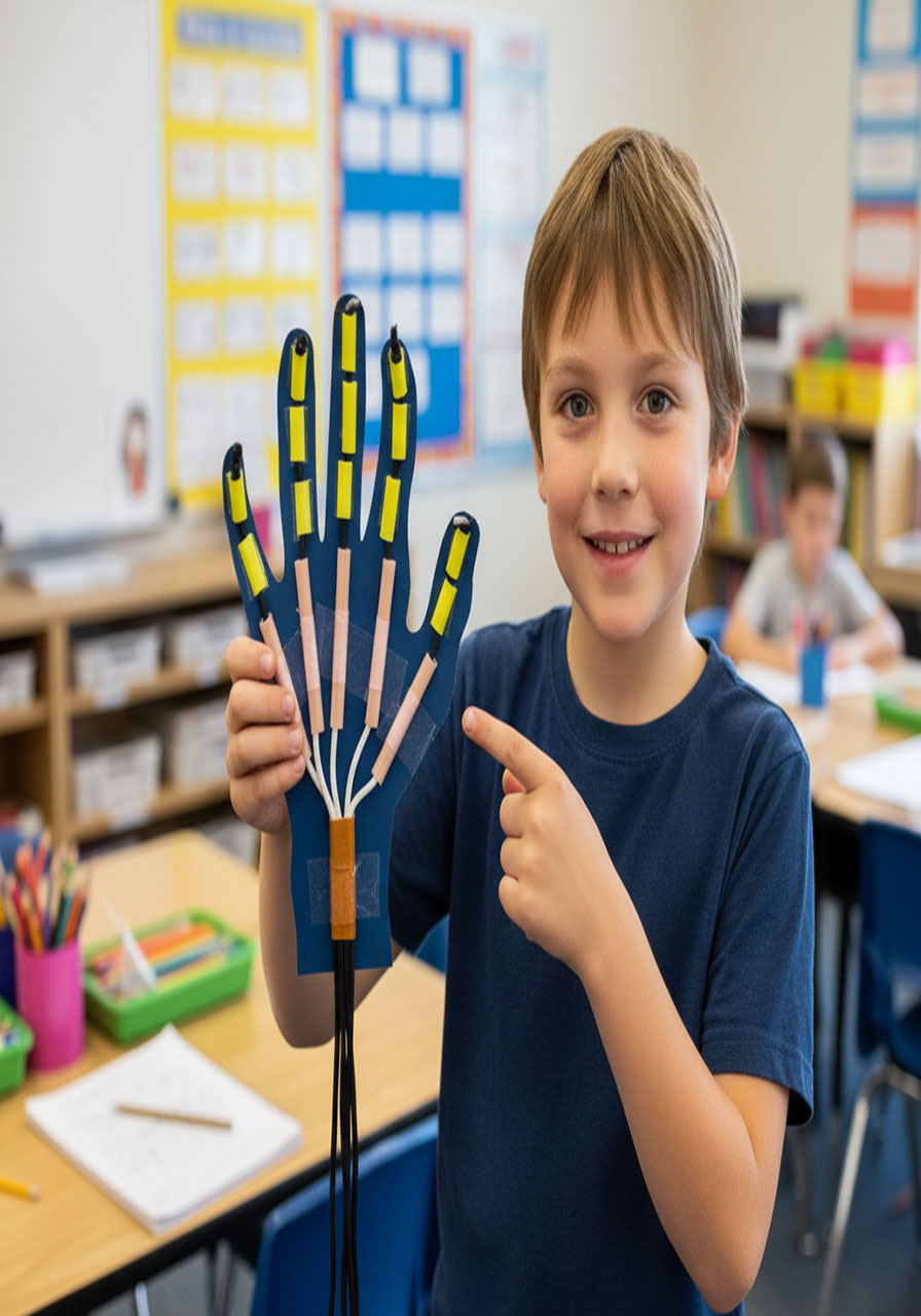 All five fingers of cardstock robot hand with plastic straw segments and joint gaps assembled for STEM activity