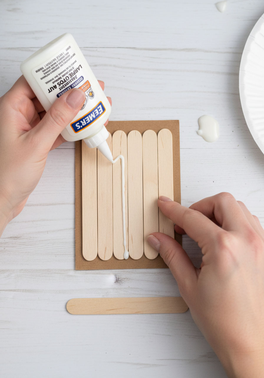 Hands gluing six craft sticks to cardboard backing to create leprechaun hat base structure