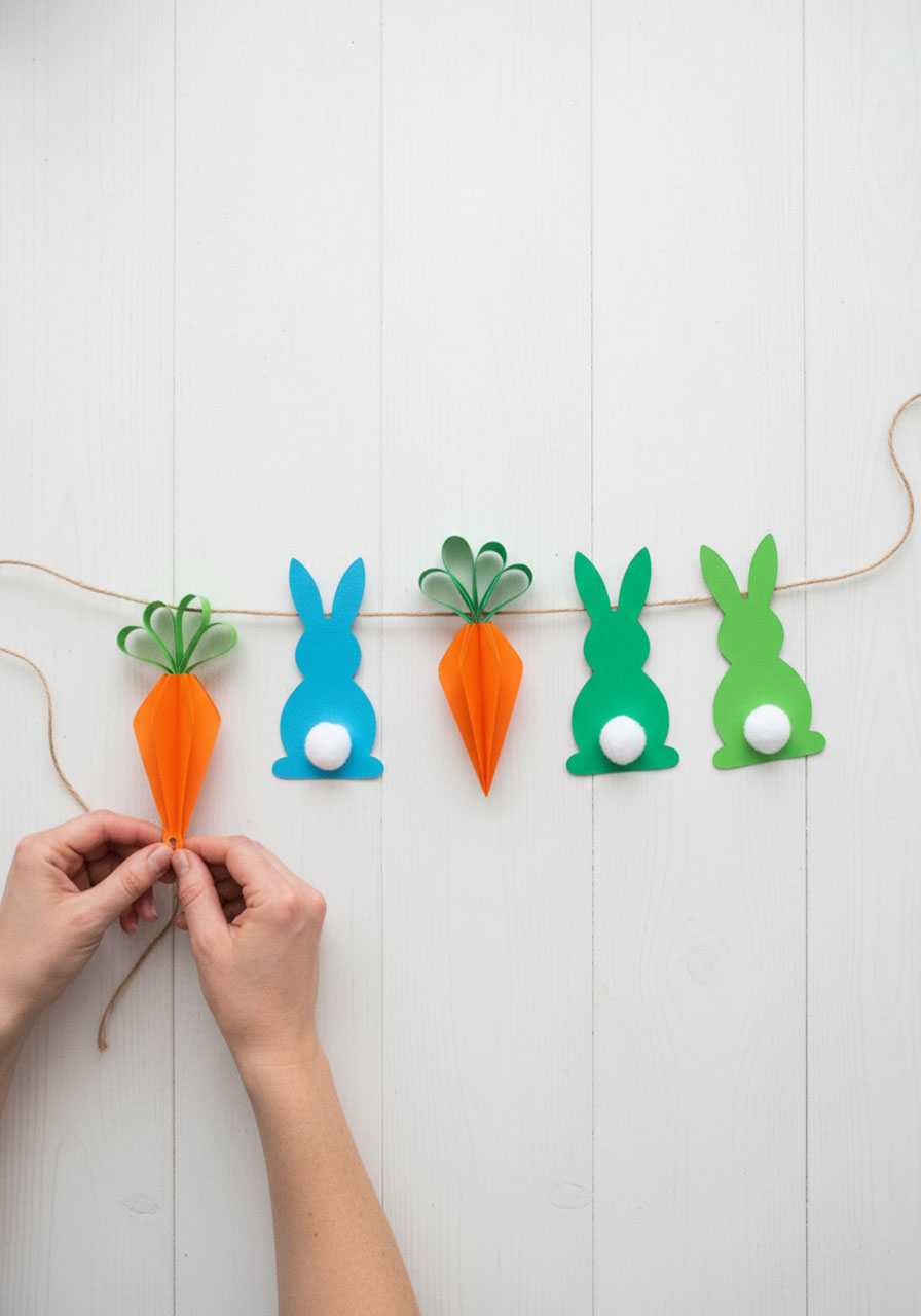 Threading alternating paper bunnies and carrots onto twine to assemble a DIY papercraft Easter banner garland