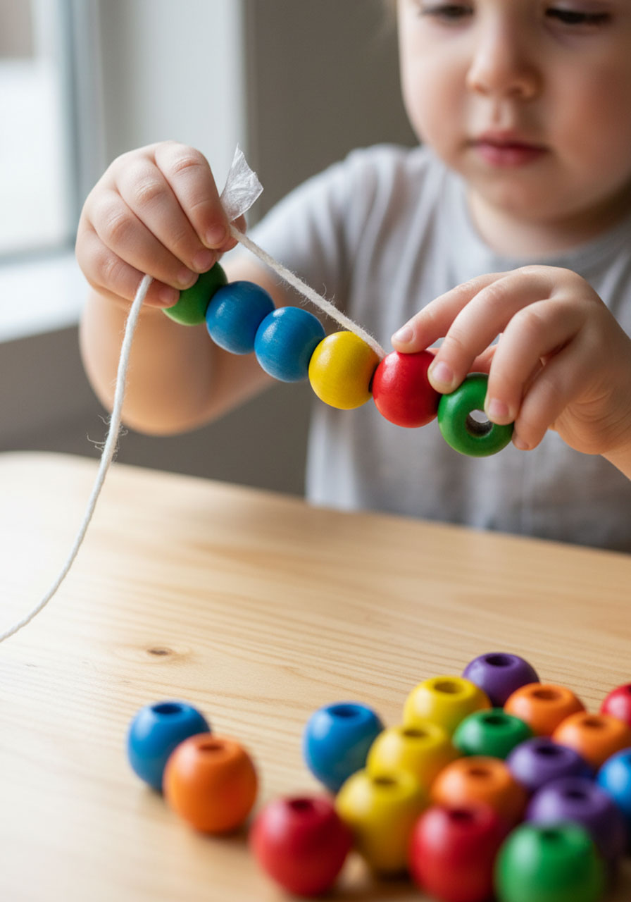 Toddler demonstrating pincer grasp while threading large wooden beads onto yarn for fine motor skill refinement