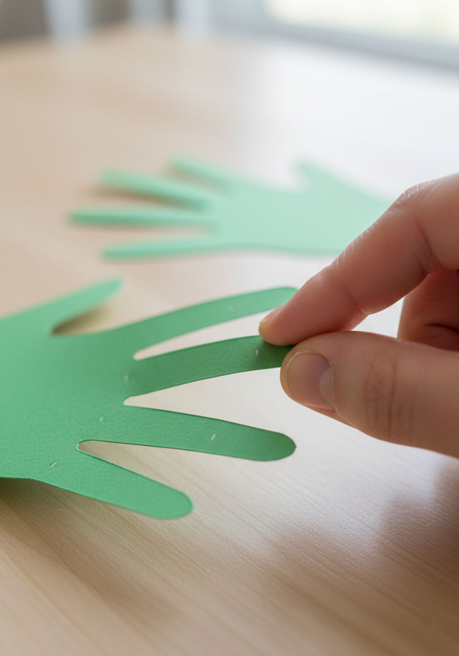 Gently bending cardstock paper at marked joint to create finger flexibility for DIY robot hand model