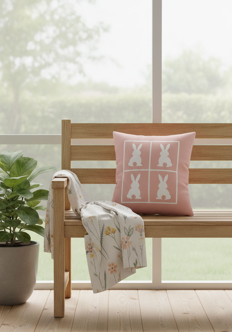 Blush pink Easter bench cushion with white bunny silhouette pattern and floral throw for spring porch seating