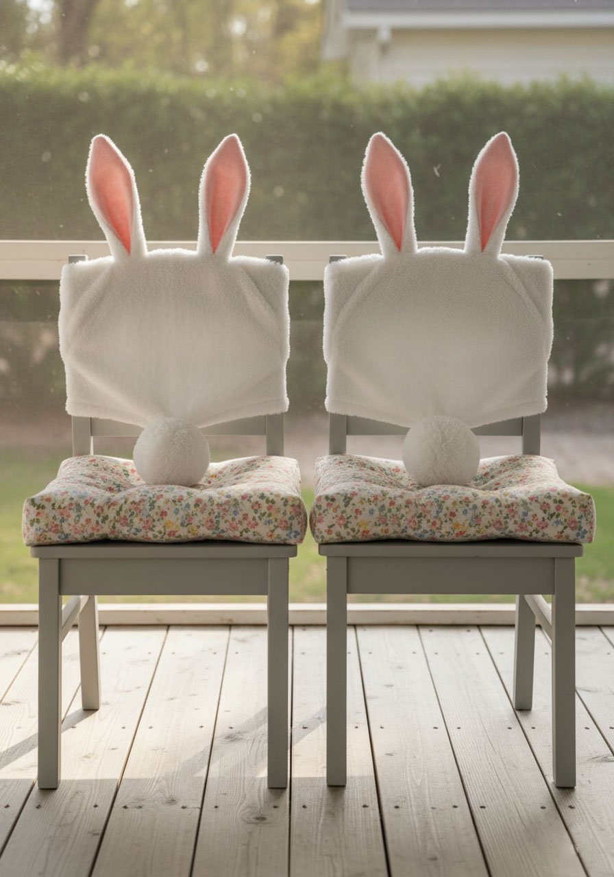 DIY white bunny ear covers on grey porch chairs with pom-pom tails for Easter outdoor seating decor