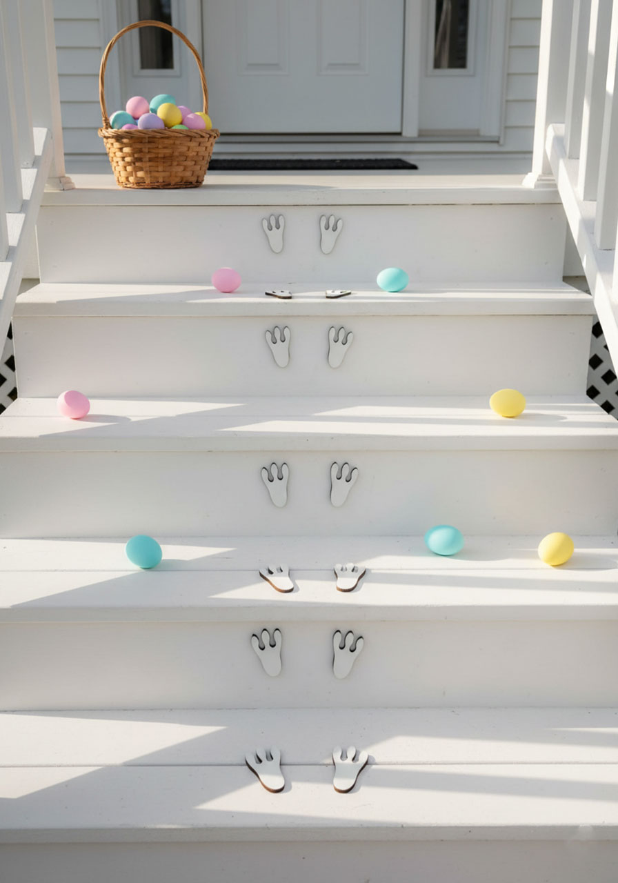 White wooden bunny footprint trail leading up Easter porch steps with scattered pastel eggs