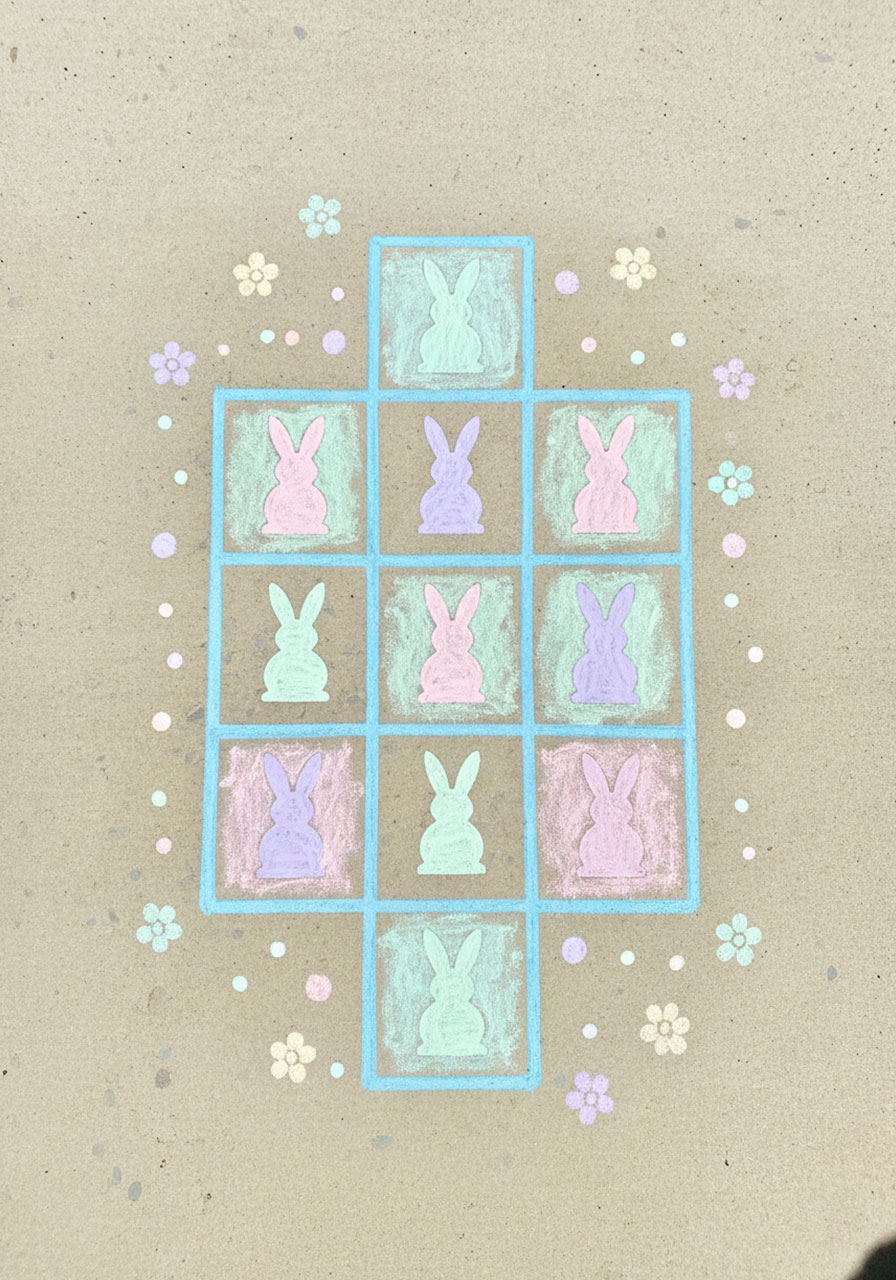 Painted Easter bunny hopscotch grid with pastel bunny silhouettes on concrete porch floor for kids