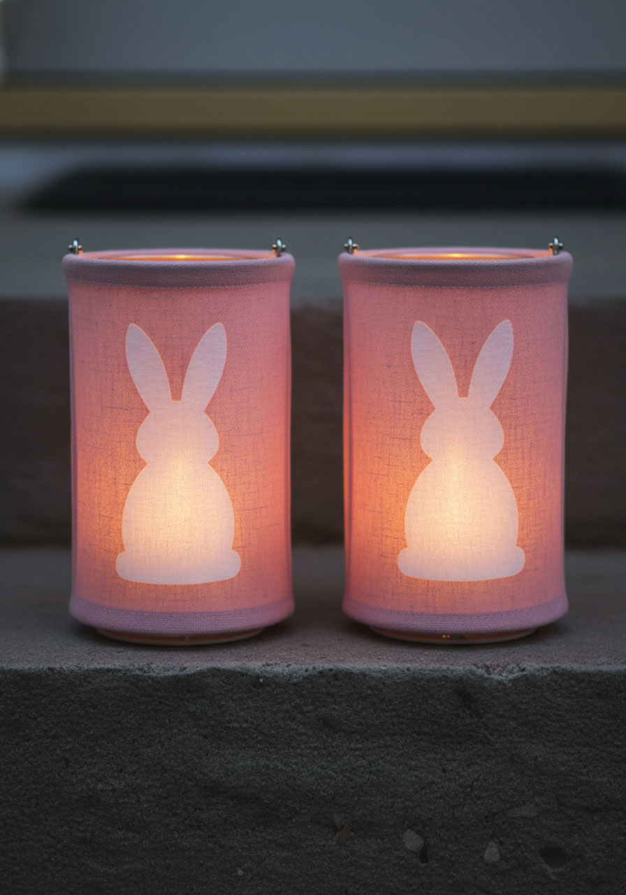 Soft pink fabric Easter bunny lantern covers glowing with LED light for cozy porch decor