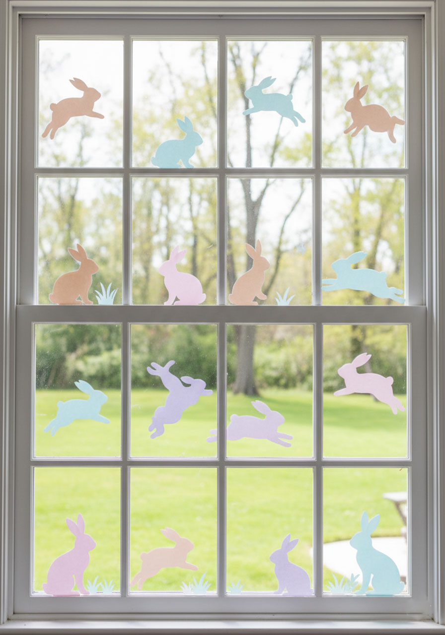 Pastel bunny silhouette window clings in multiple poses and colors on a porch window for Easter decor