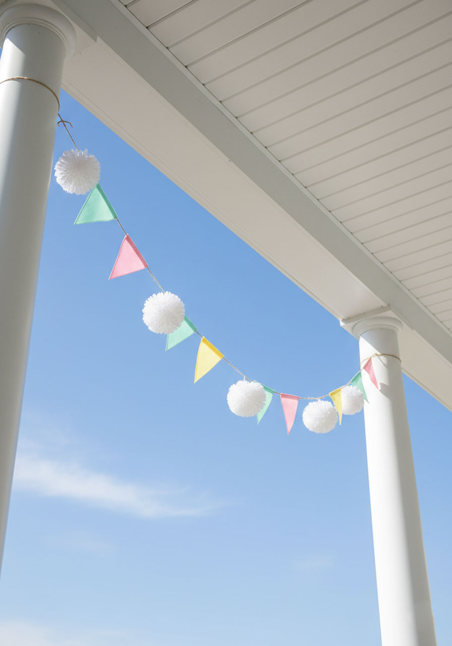 Fluffy white pom-pom bunny tail bunting with pastel pennant flags strung across an Easter porch