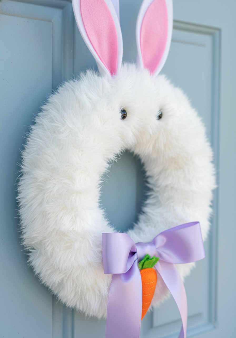 DIY fluffy white bunny wreath with felt ears and carrot accent for Easter front door decor