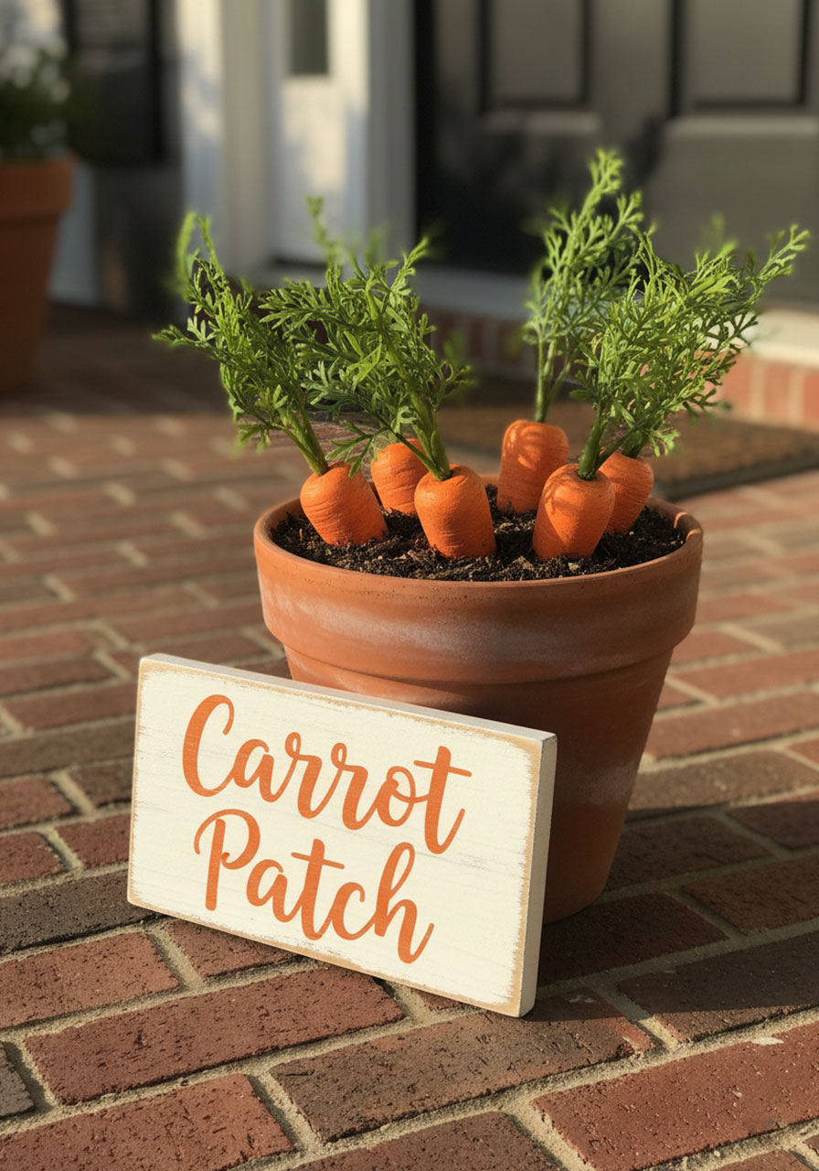 Rustic hand-painted Carrot Patch wooden sign with faux carrot pot for Easter porch decor