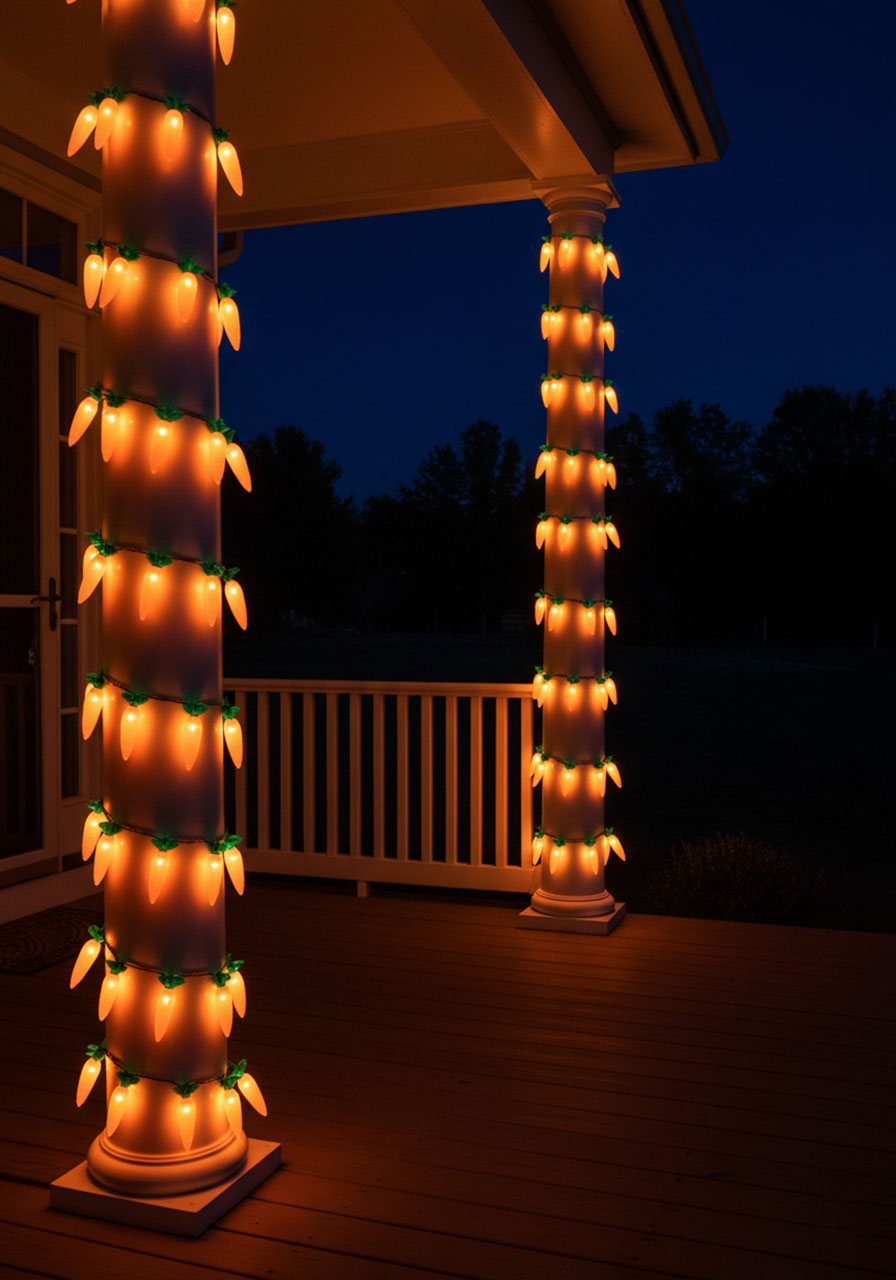 Glowing carrot-shaped string lights wrapped around white porch columns at night for Easter outdoor decor