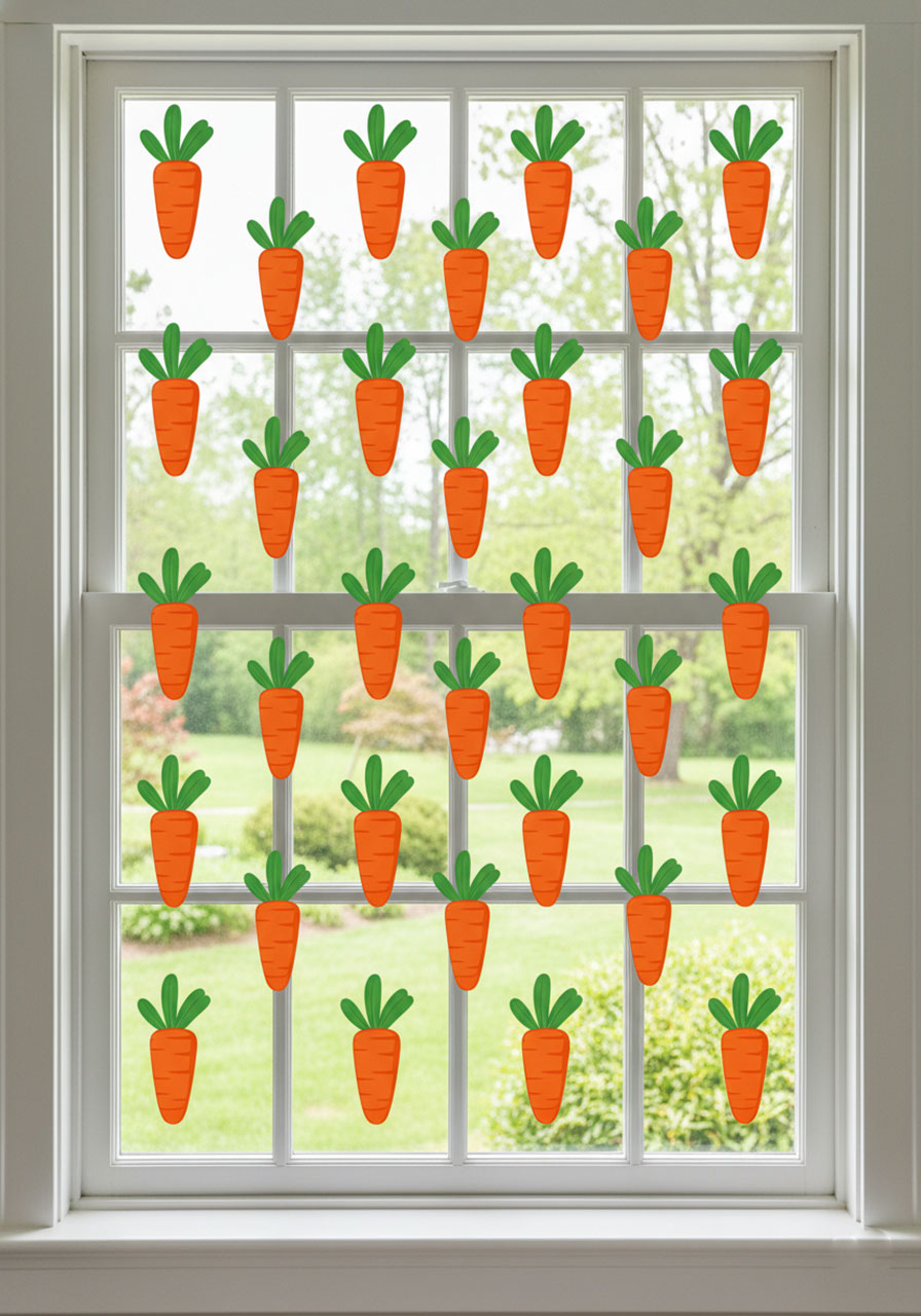 Bright orange carrot vinyl window stickers in a playful grid pattern on porch window for Easter decor