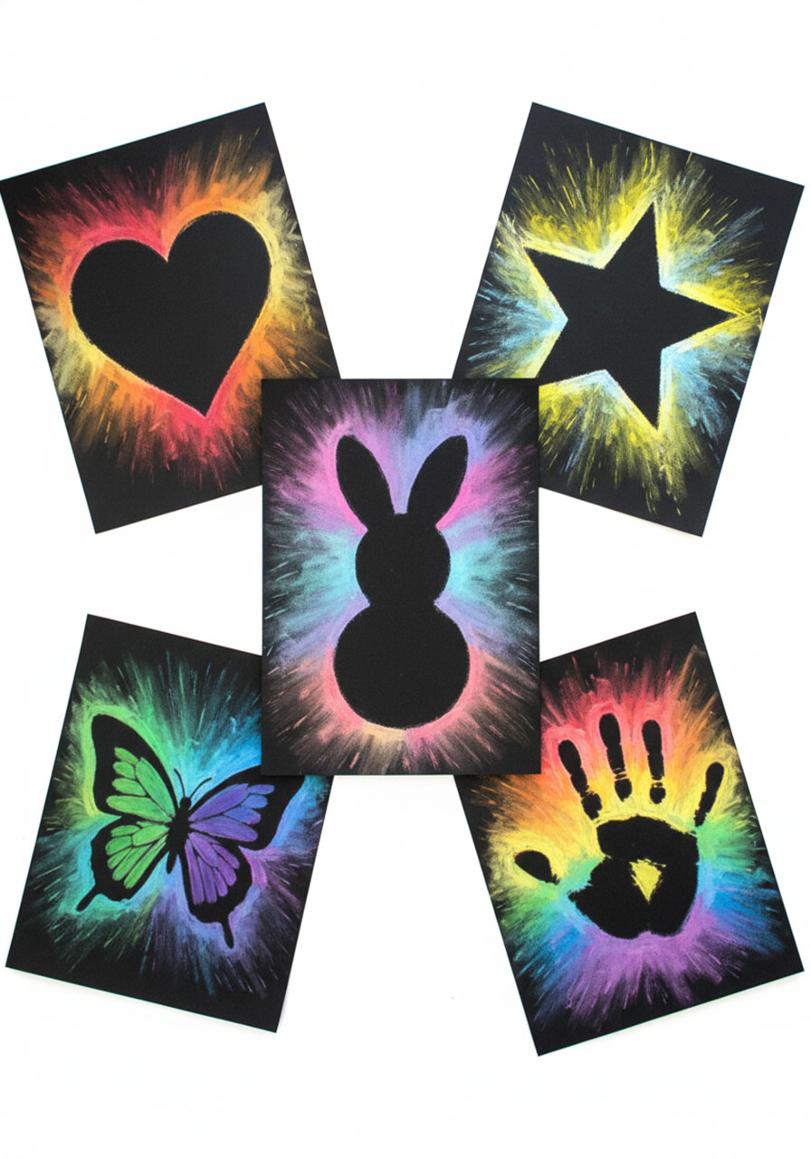 Five different chalk pastel artworks showing bunny, heart, star, butterfly, and handprint silhouettes with colorful radiating rays on black paper