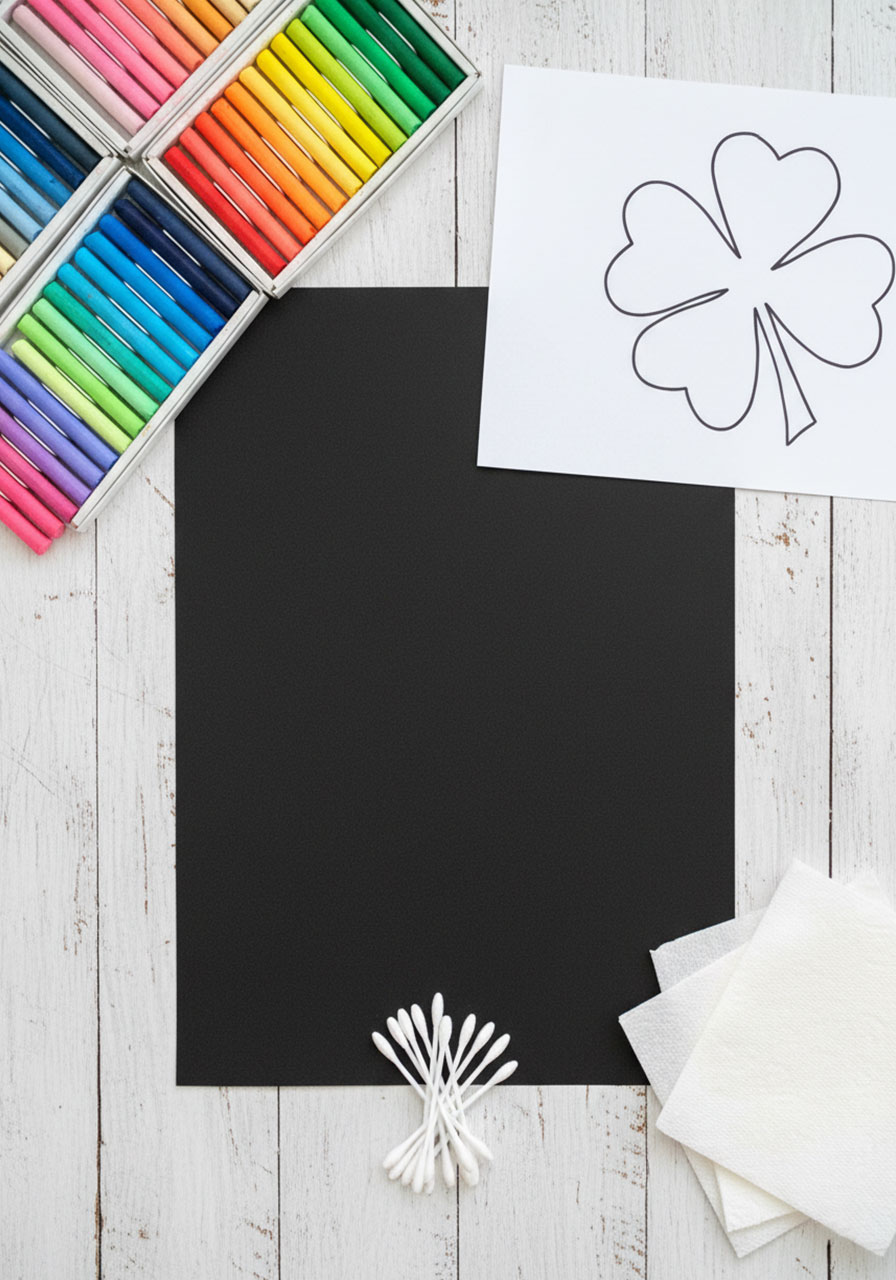 Complete supplies layout for St. Patrick's Day chalk pastel art project including black paper, chalk pastels, four-leaf clover template, and Q-tips