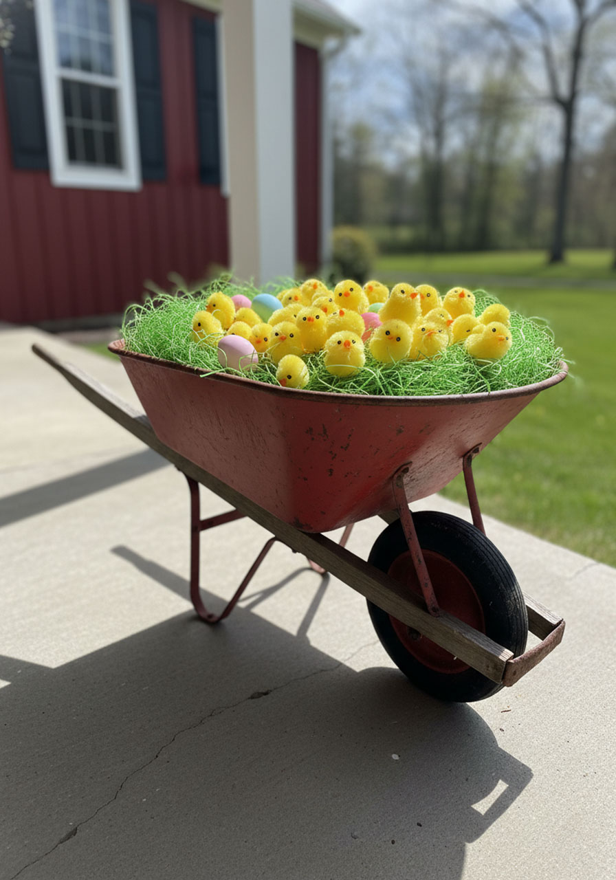 Vintage red wheelbarrow overflowing with plush yellow chicks and pastel eggs on Easter porch