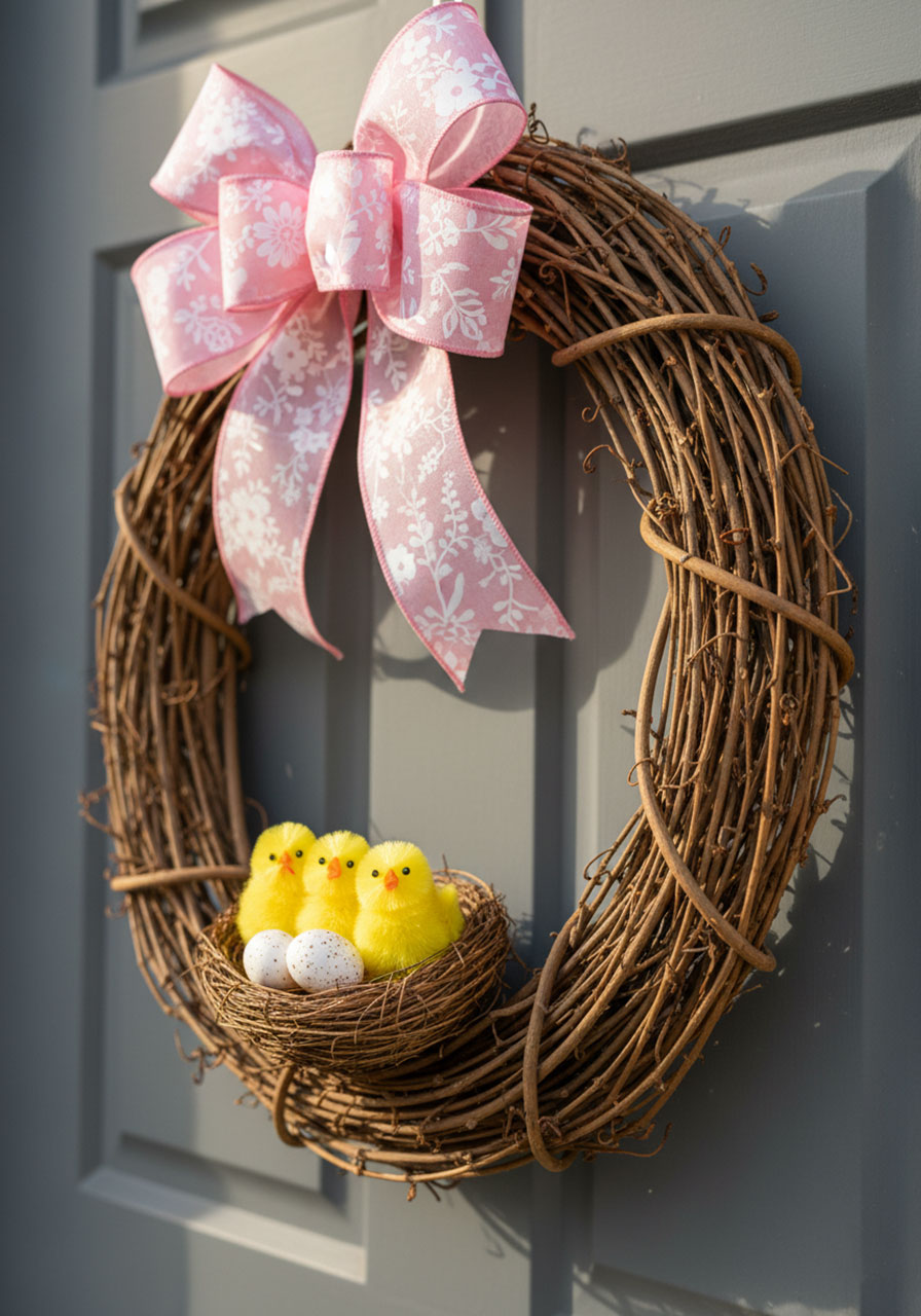 Grapevine wreath with yellow chicks in a twig nest and floral ribbon bow for Easter front door decor