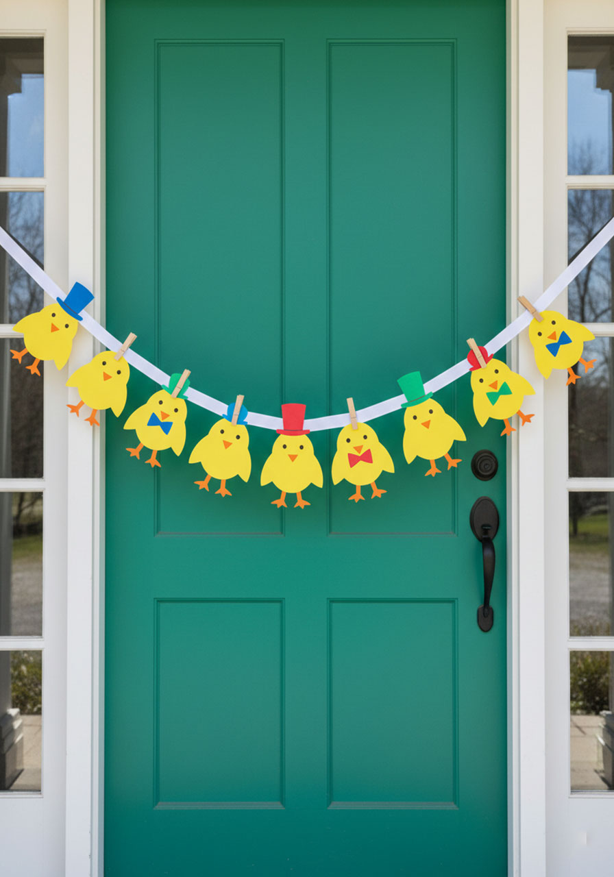 Handmade yellow paper chick parade banner with colorful top hats strung across an Easter front porch