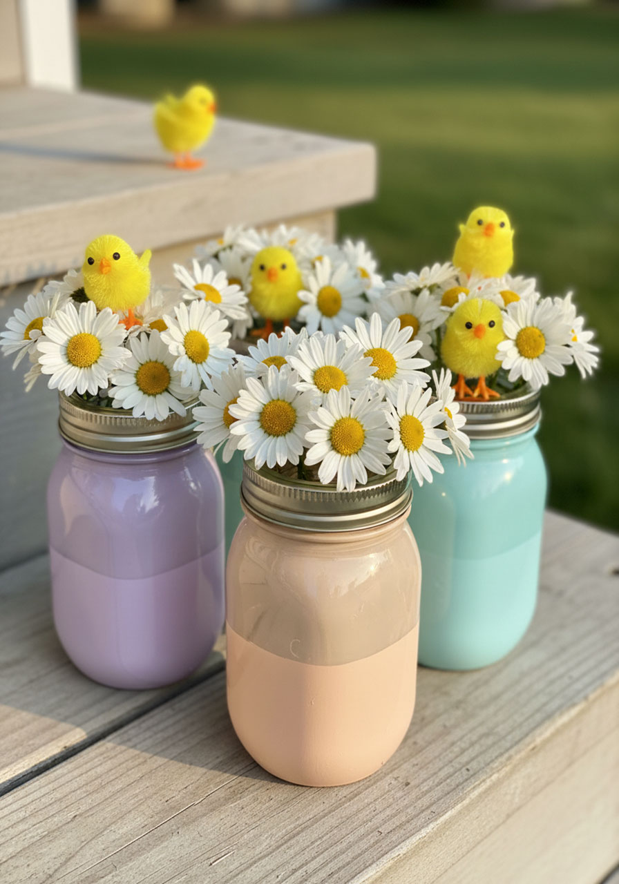 Pastel painted mason jars filled with daisies and topped with yellow chick figurines for Easter porch decor