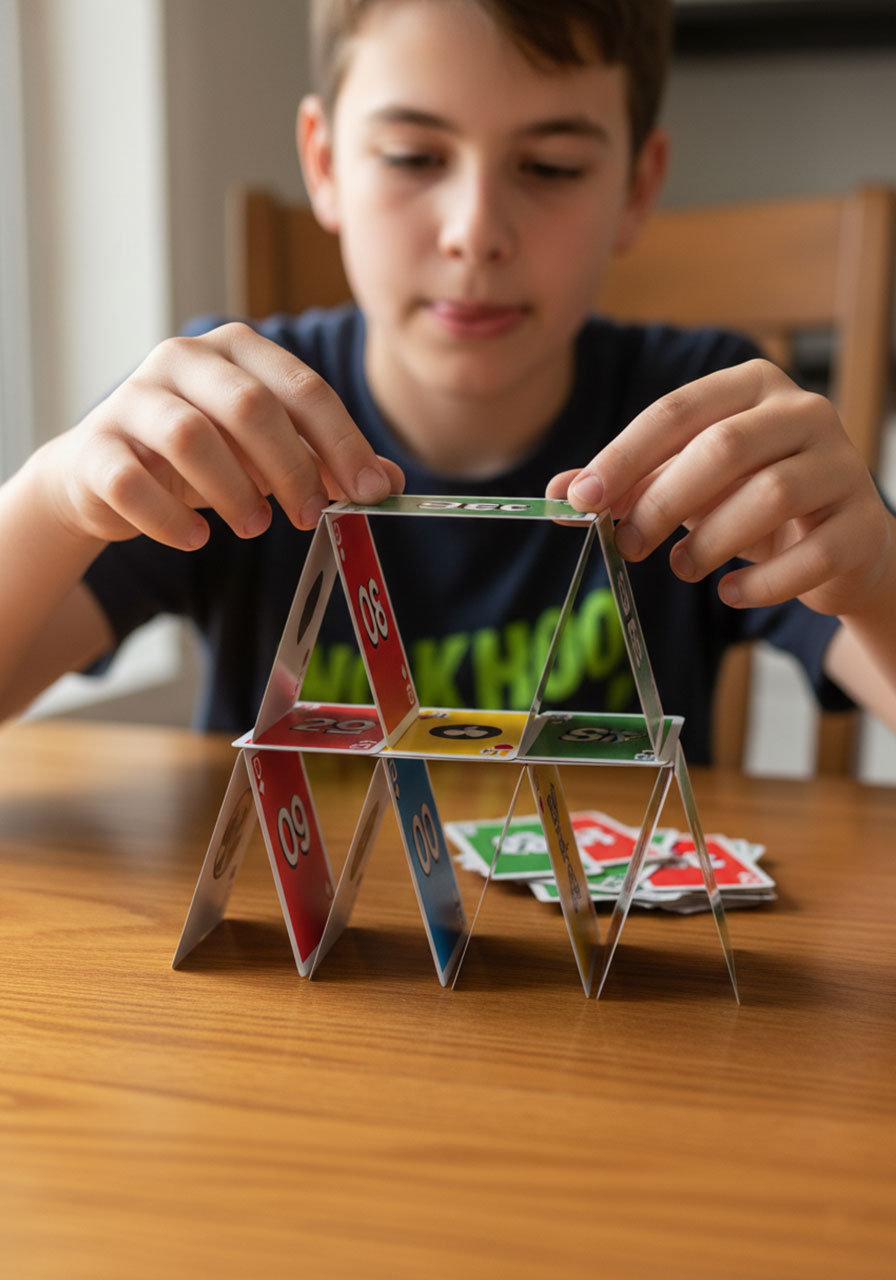 Boy carefully building multi-level card house with UNO cards showing concentration and patience