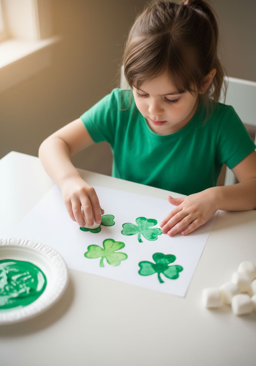 Young girl concentrating while stamping green shamrocks with marshmallows during St. Patrick's Day craft activity