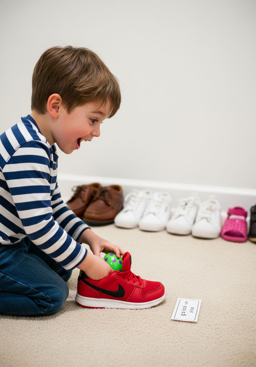 Young boy discovering plastic Easter egg with clue hidden inside shoe during indoor Easter scavenger hunt