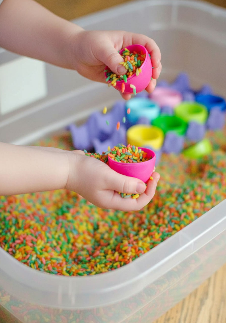 Close-up of toddler hands scooping and playing with rainbow rice and plastic eggs in Easter sensory bin