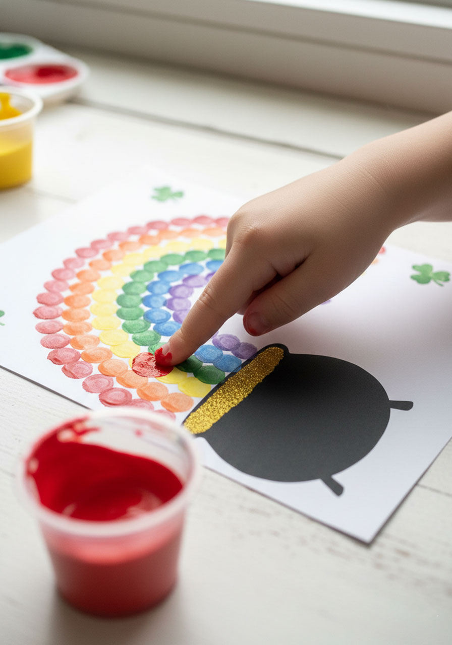 Young child pressing red painted finger on paper to create first arch of fingerprint rainbow above pot of gold