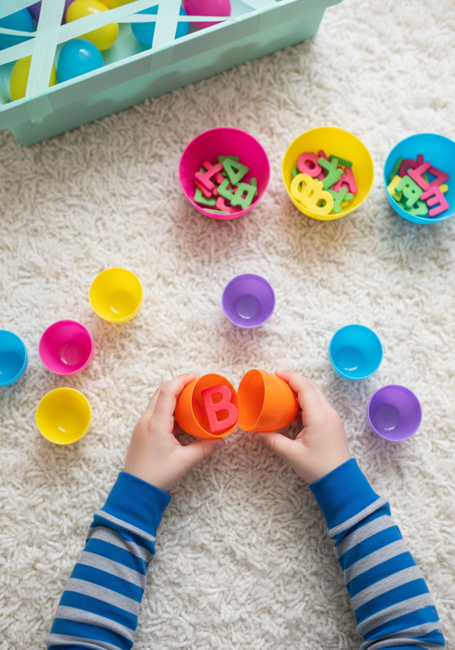 Toddler hands opening rescued Easter egg revealing foam letter inside with color sorting bowls for educational activity