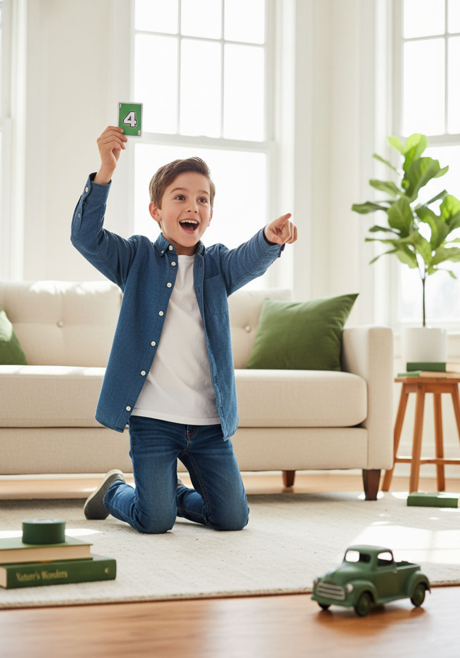 Boy holding green UNO card while finding and pointing to matching green objects during scavenger hunt game