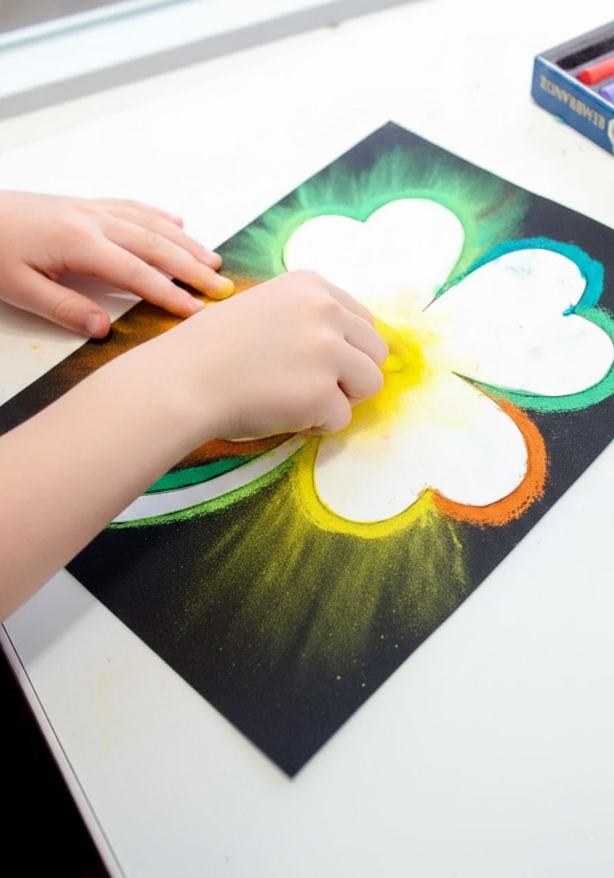 Child's hands demonstrating chalk pastel smudging technique, blending yellow pastel outward from clover template to create glowing effect