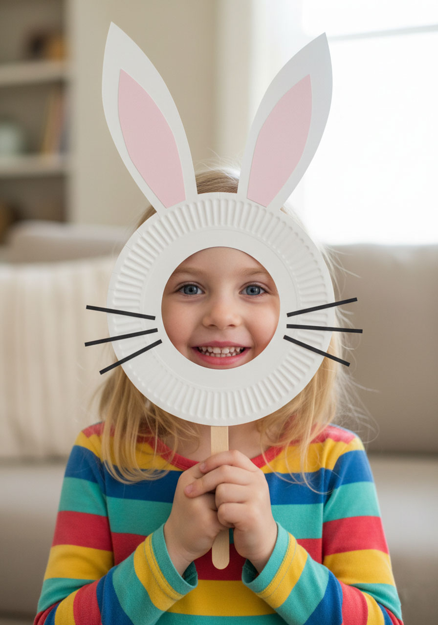 Happy young girl wearing a homemade paper plate bunny mask at Easter, showing finished craft result with bunny ears and black whiskers