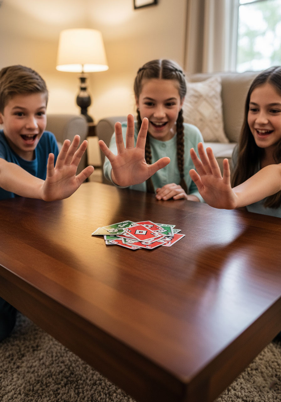 Three kids playing UNO snap game with hands racing to slap matching cards on table