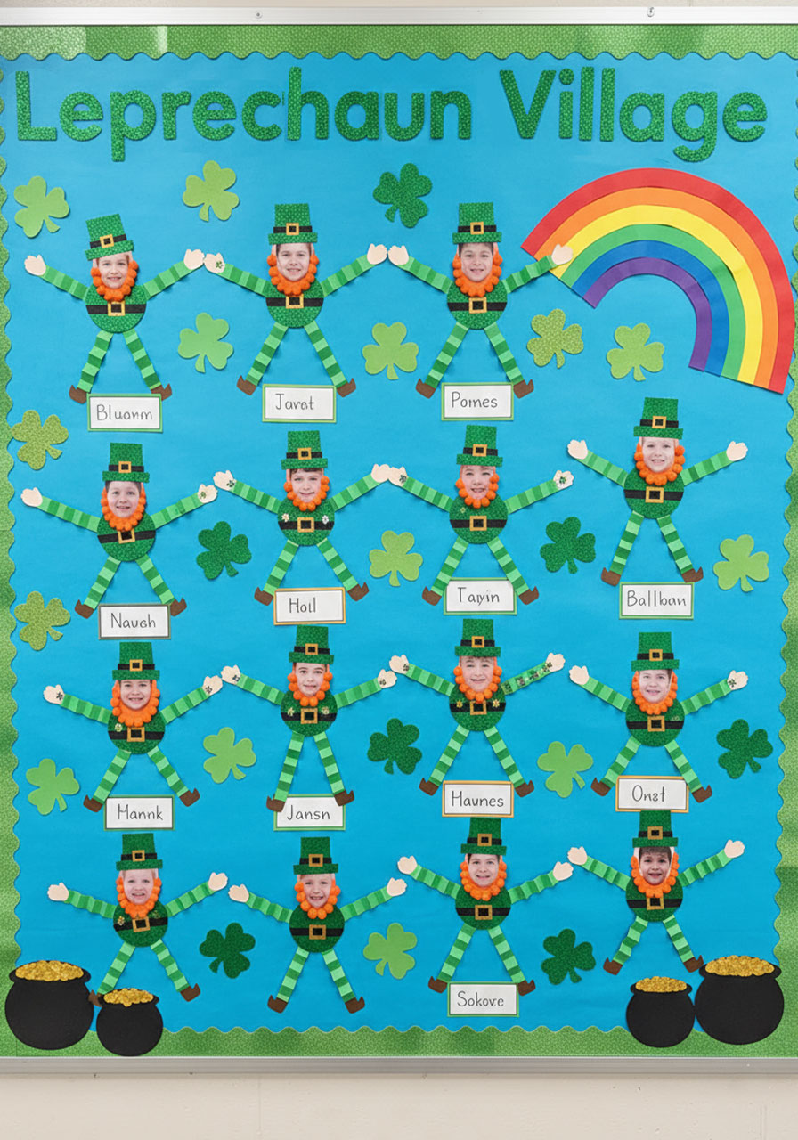 Classroom bulletin board displaying multiple paper leprechaun crafts in festive St. Patrick's Day village scene