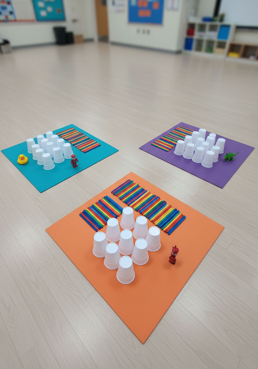 Classroom setup with multiple building stations for cup stacking tower challenge showing organized STEM activity preparation