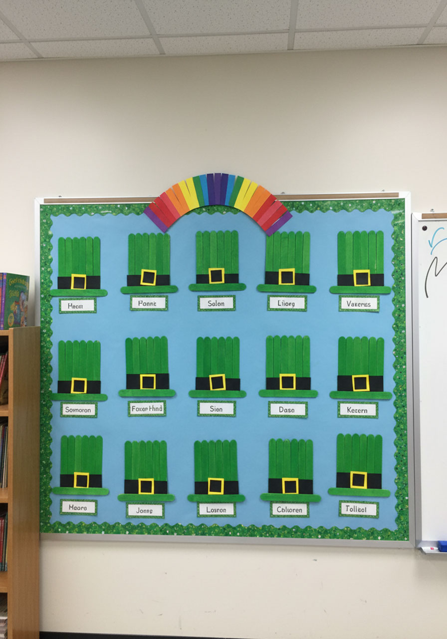 Classroom bulletin board display showing multiple student-made craft stick leprechaun hats arranged in rows