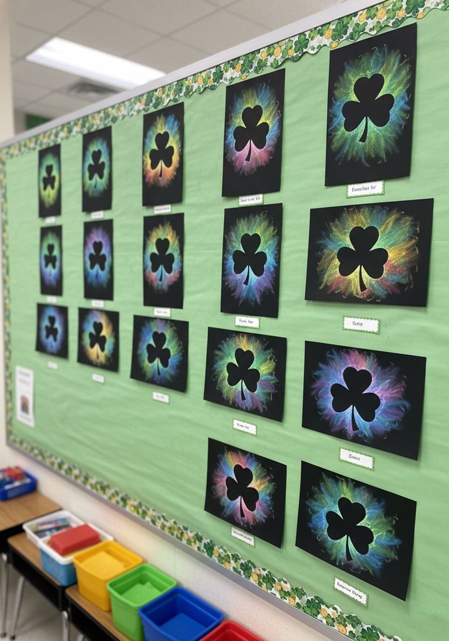 Classroom bulletin board displaying multiple student-created St. Patrick's Day chalk pastel clover artworks with various color schemes